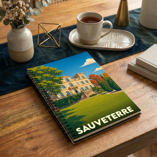 Carnet à spirales souvenir de la ville de Sauveterre avec une illustration stylisée d'une bastide et de son parc.