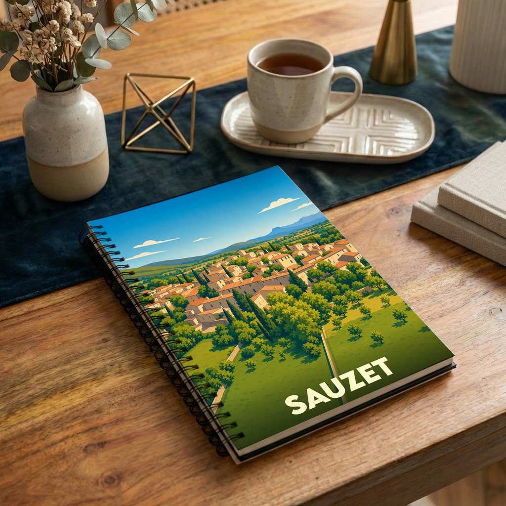 Carnet souvenir de la ville de Sauzet avec une illustration stylisée d'un paysage provençal.