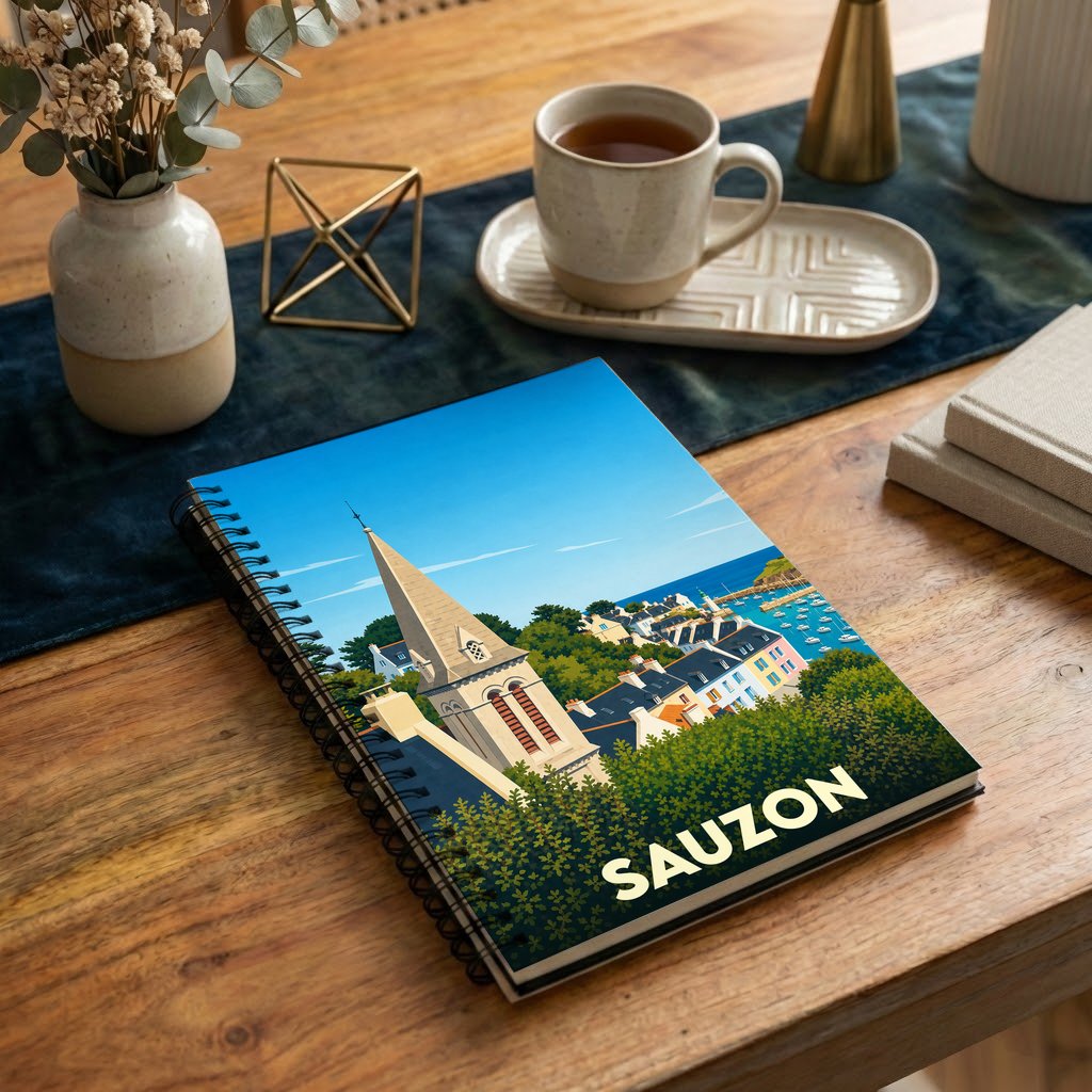 Carnet à spirales souvenir de la ville de Sauzon avec une illustration stylisée de son clocher et de son port.