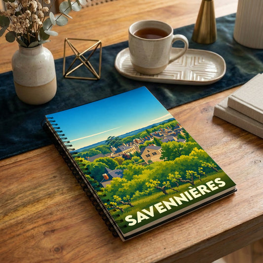Carnet à spirales souvenir de la ville de Savennières avec une illustration stylisée d'un paysage verdoyant.