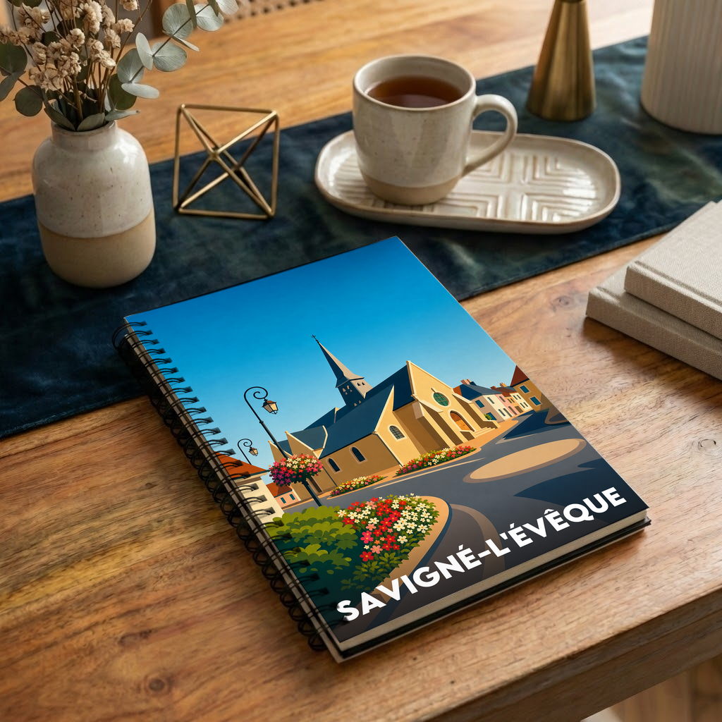 Carnet souvenir de la ville de Savigné-l'Évêque avec une illustration stylisée.
