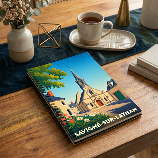 Carnet à spirales souvenir de la ville de Savigné-sur-Lathan avec une illustration stylisée de son église.