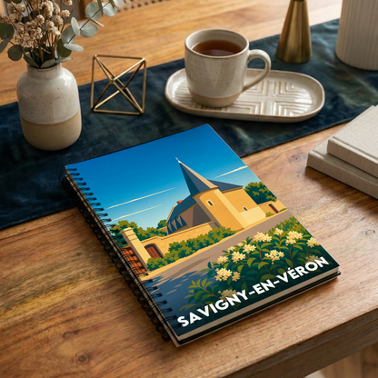 Carnet souvenir de la ville de Savigny-en-Véron avec une illustration graphique stylisée.