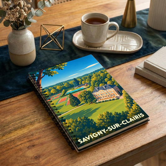 Carnet de notes souvenir de la ville de Savigny-sur-Clairis avec une illustration stylisée de son domaine.