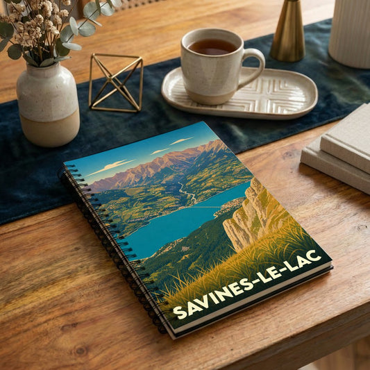 Carnet souvenir de Savines-le-Lac avec une illustration stylisée d'un paysage de montagne surplombant le lac.