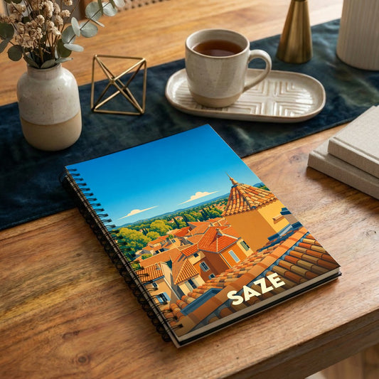 Carnet à spirales souvenir de la ville de Saze avec une illustration stylisée de ses toits provençaux.