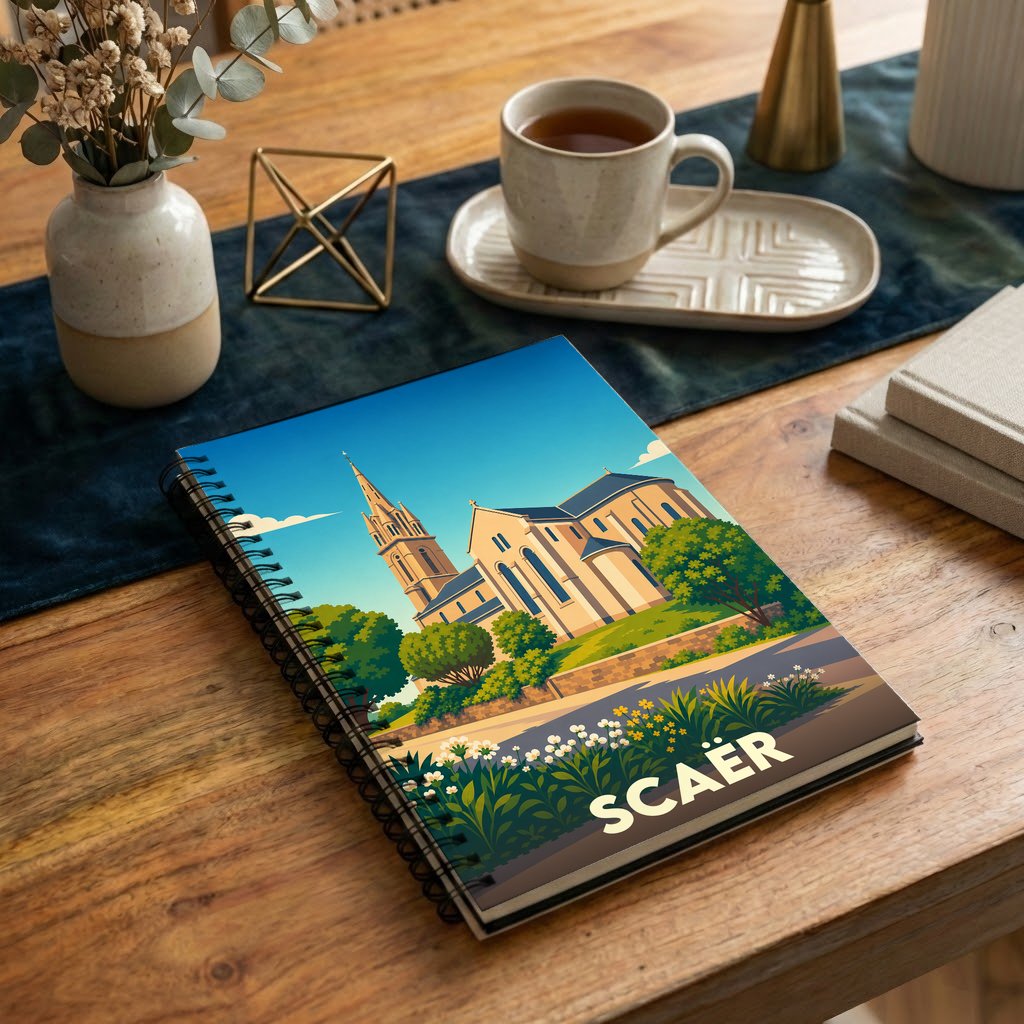 Carnet à spirales souvenir de la ville de Scaër avec une illustration stylisée de son église.