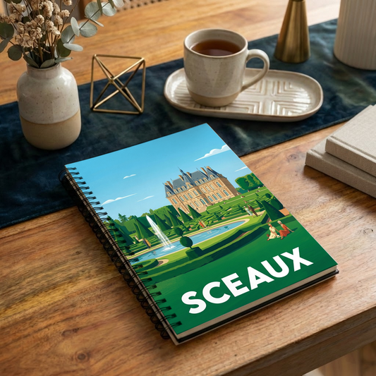 Carnet souvenir de la ville de Sceaux avec une illustration stylisée de son château.