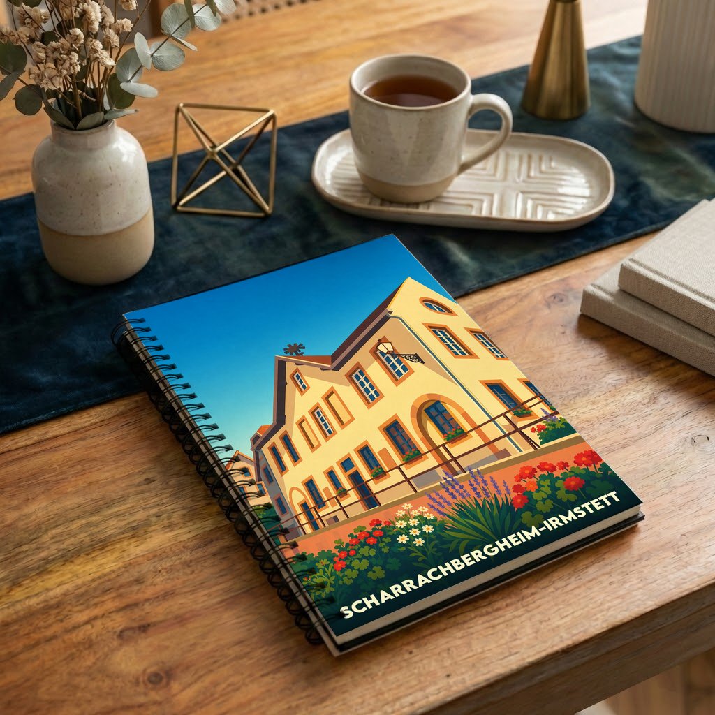 Carnet à spirales souvenir de la ville de Scharrachbergheim-Irmstett avec une illustration stylisée d'une maison alsacienne fleurie.