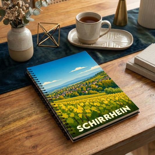 Carnet souvenir de la ville de Schirrhein avec une illustration stylisée de paysages alsaciens.