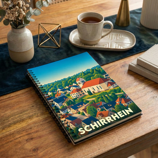 Carnet à spirales souvenir de la ville de Schirrhein avec une illustration colorée et stylisée de ses maisons.