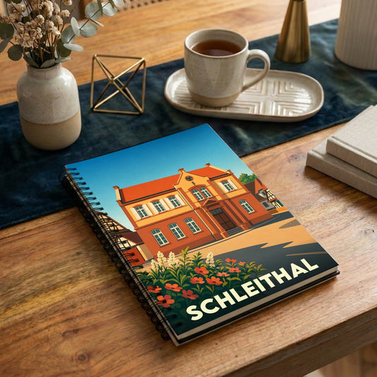 Carnet à spirales souvenir de la ville de Schleithal avec une illustration stylisée d'un bâtiment historique.