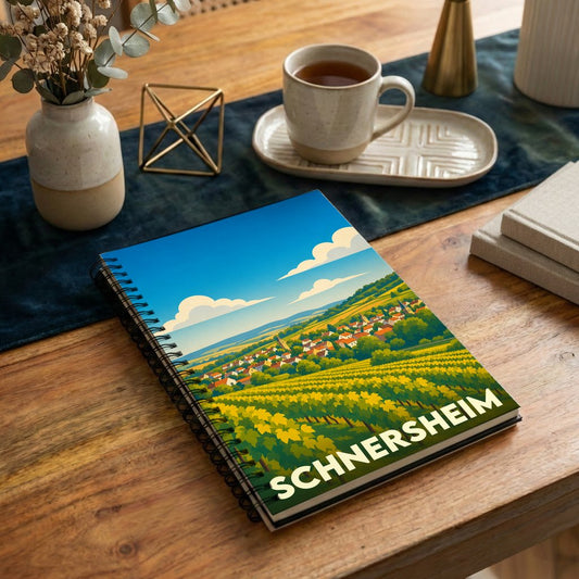 Carnet à spirales souvenir de la ville de Schnersheim avec une illustration stylisée de ses vignobles et de son village.