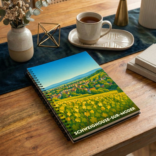Carnet souvenir de la ville de Schweighouse-sur-Moder illustré par un paysage de vignobles et de village stylisé.
