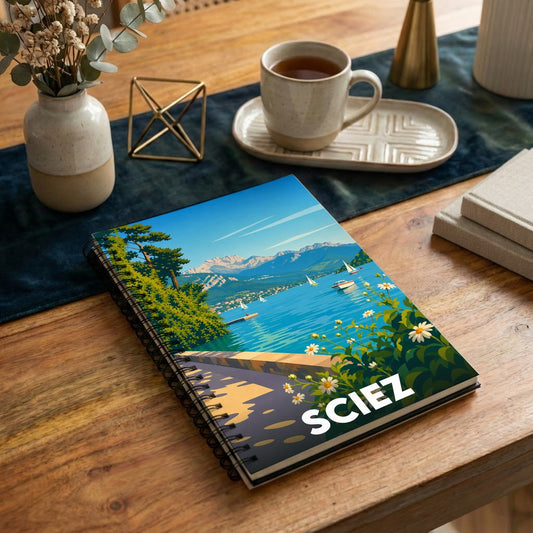 Carnet souvenir de la ville de Sciez avec une illustration stylisée de son lac et des montagnes.