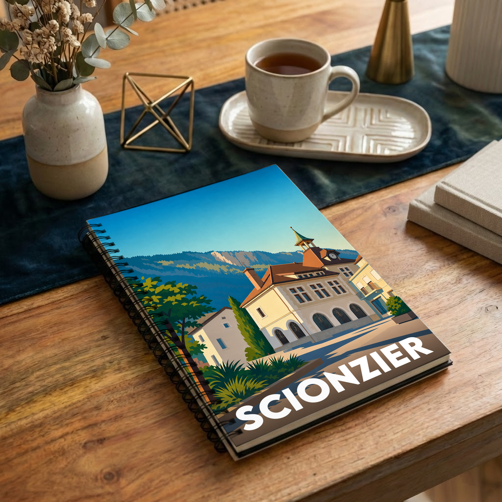 Carnet souvenir de la ville de Scionzier avec une illustration stylisée.
