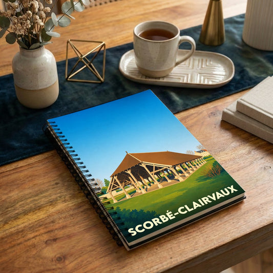 Carnet souvenir de la ville de Scorbé-Clairvaux illustré par une vue stylisée de ses halles historiques.
