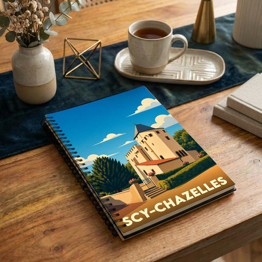 Carnet de notes souvenir de la ville de Scy-Chazelles avec une illustration stylisée d'un château.