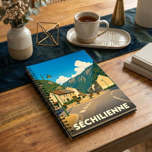 Carnet souvenir à spirales de la ville de Séchilienne avec une illustration stylisée de ses paysages montagneux.
