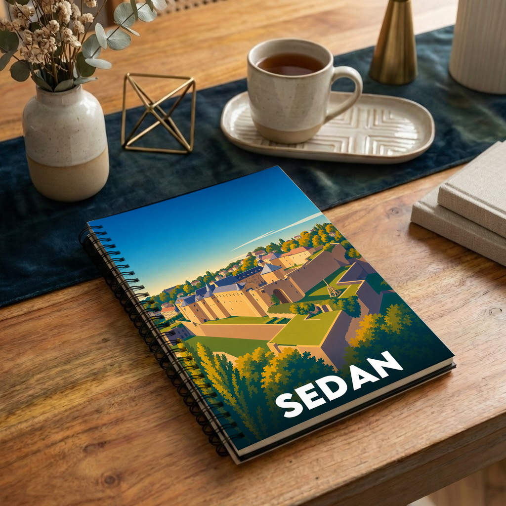 Carnet souvenir de la ville de Sedan avec une illustration stylisée.