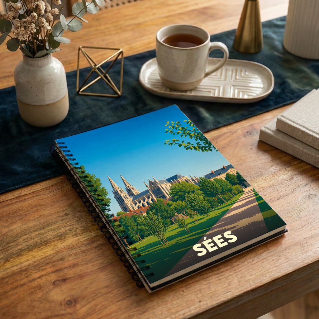 Carnet souvenir de la ville de Sées avec une illustration stylisée de sa cathédrale et de ses jardins.