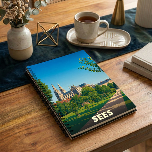 Carnet souvenir de la ville de Sées avec une illustration stylisée de sa cathédrale et de ses jardins.