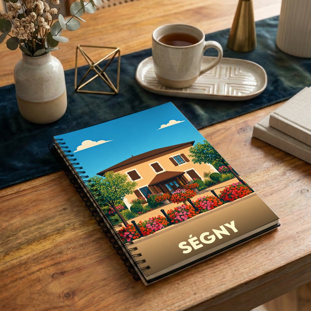 Carnet souvenir de la ville de Ségny avec une illustration stylisée d'une maison fleurie.