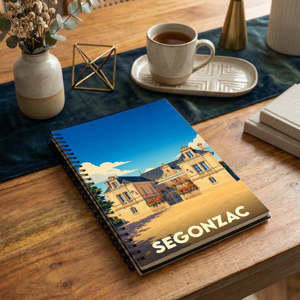 Carnet souvenir de la ville de Segonzac avec une illustration stylisée.