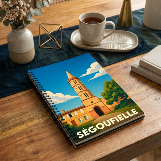 Carnet à spirales souvenir de la ville de Ségoufielle avec une illustration stylisée de son église.