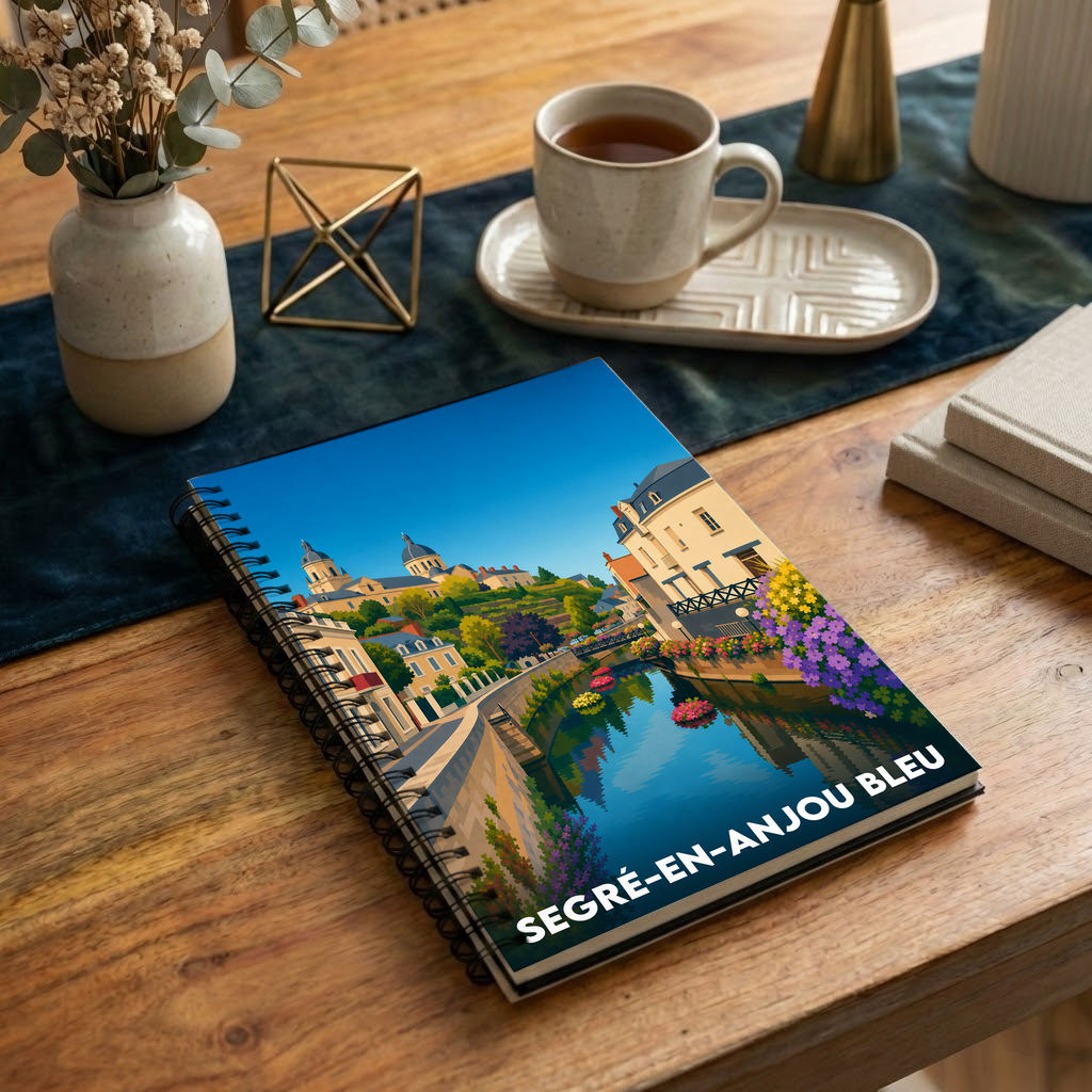 Carnet souvenir de la ville de Segré-en-Anjou Bleu avec une illustration stylisée.