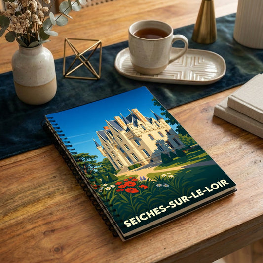 Carnet à spirales souvenir de Seiches-sur-le-Loir avec une illustration stylisée d'un château.