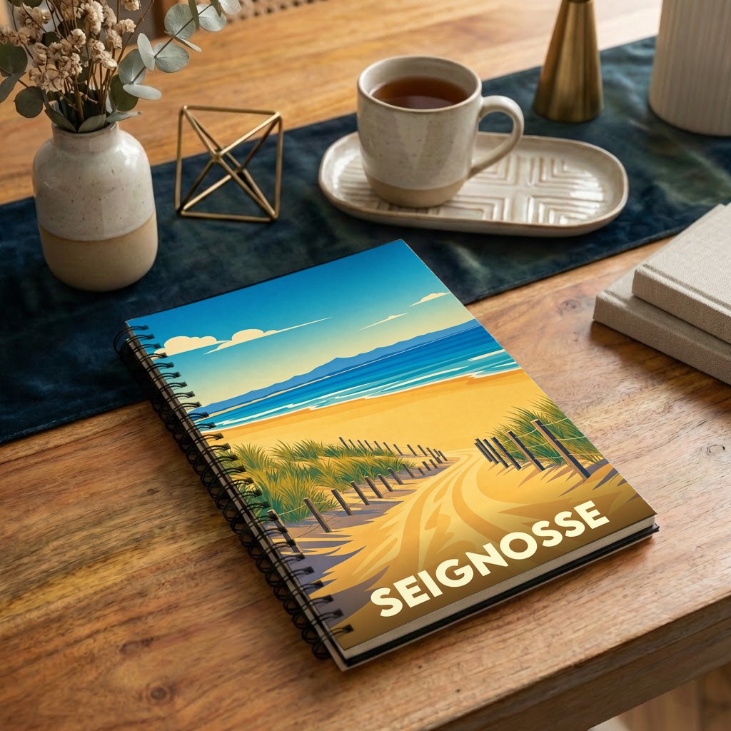 Carnet à spirales souvenir de la ville de Seignosse avec une illustration stylisée de ses dunes et de l'océan.