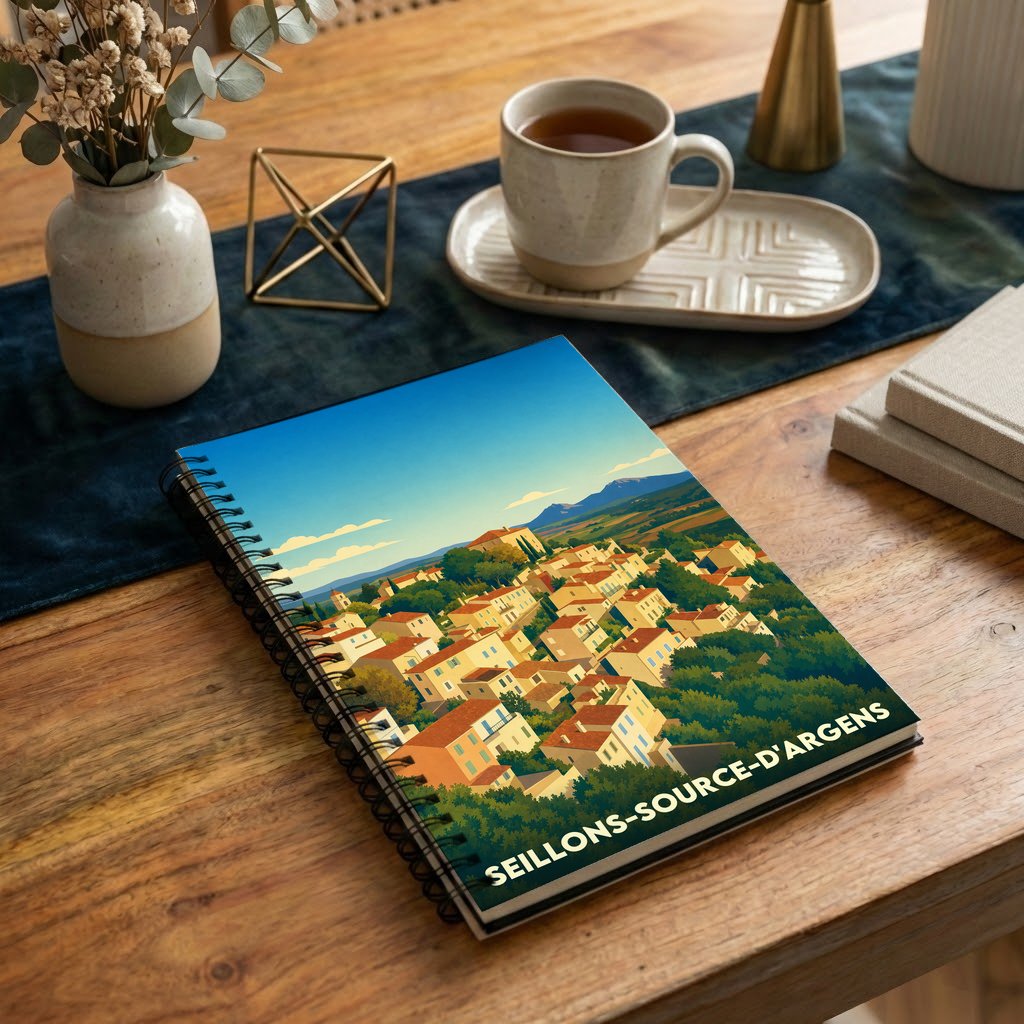 Carnet à spirales souvenir de Seillons-Source-d'Argens avec une illustration stylisée du village provençal.