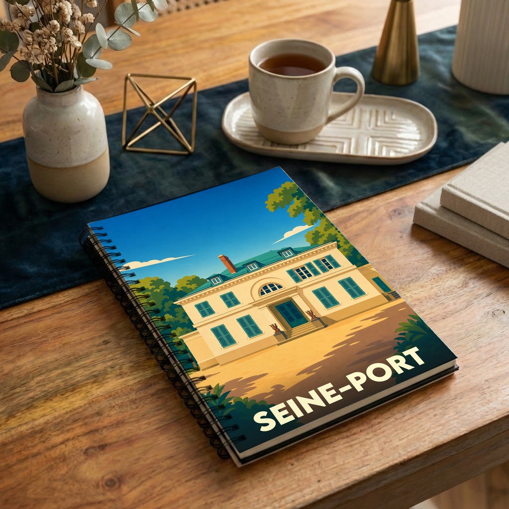 Carnet à spirales souvenir de la ville de Seine-Port avec une illustration stylisée d'une demeure bourgeoise.