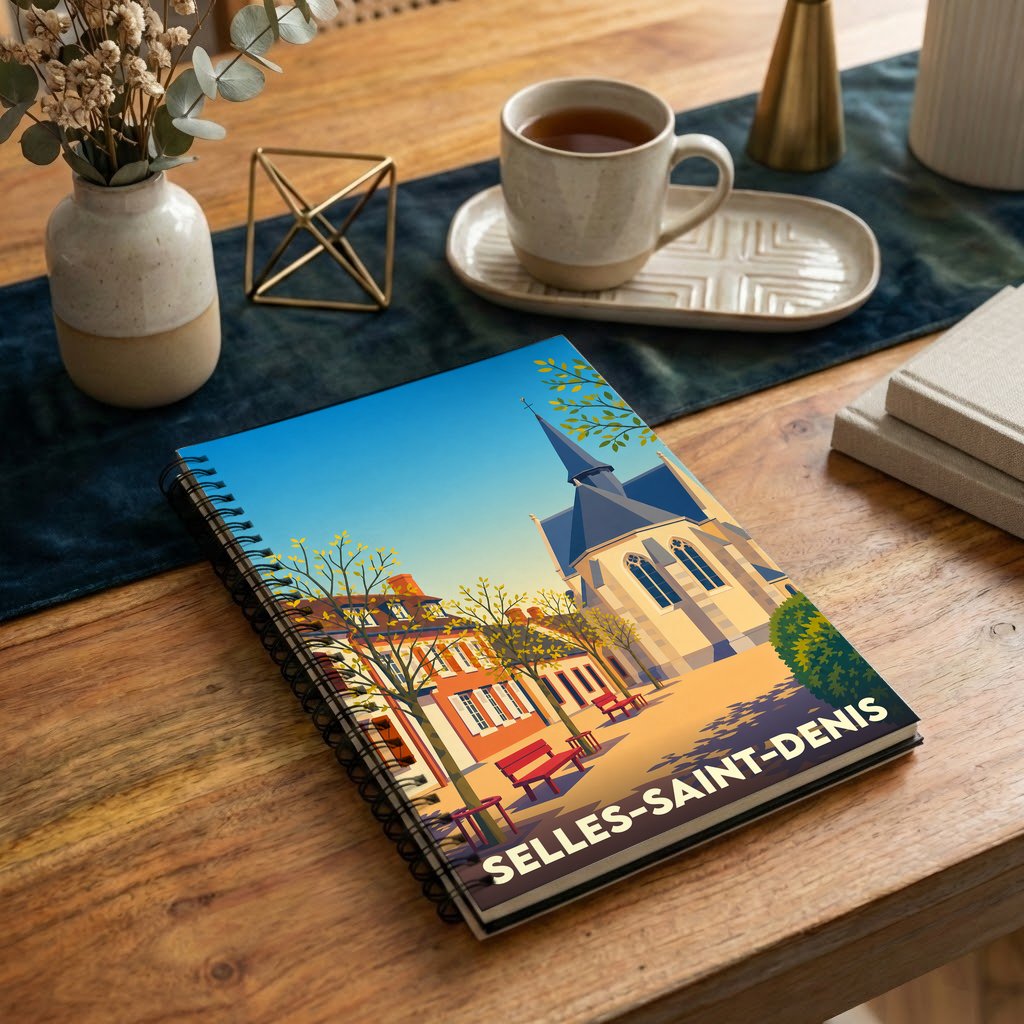 Carnet à spirales souvenir de la ville de Selles-Saint-Denis avec une illustration stylisée.