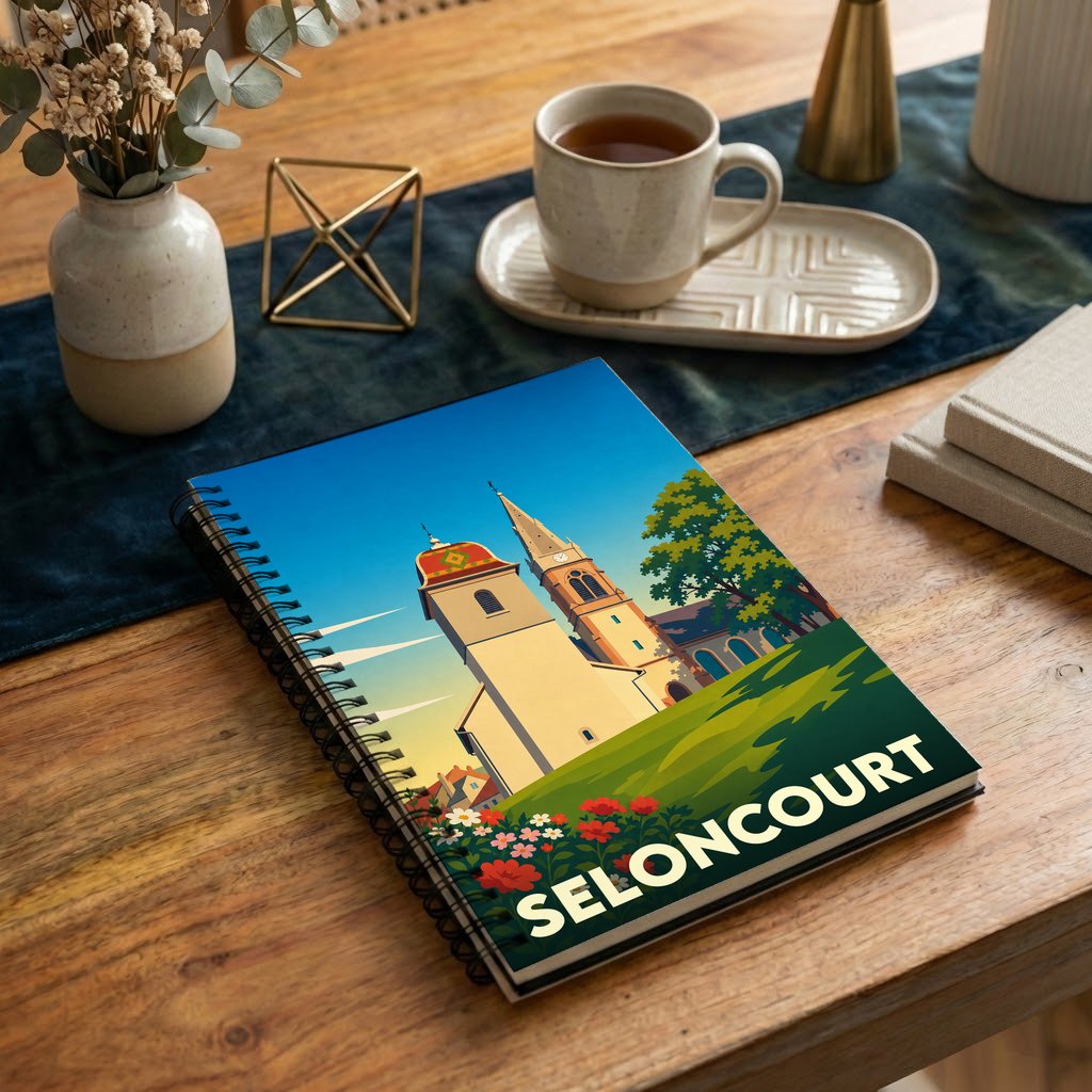 Carnet souvenir de la ville de Seloncourt avec une illustration stylisée de son église.