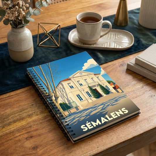Carnet à spirales souvenir de la ville de Sémalens avec une illustration stylisée de sa mairie.