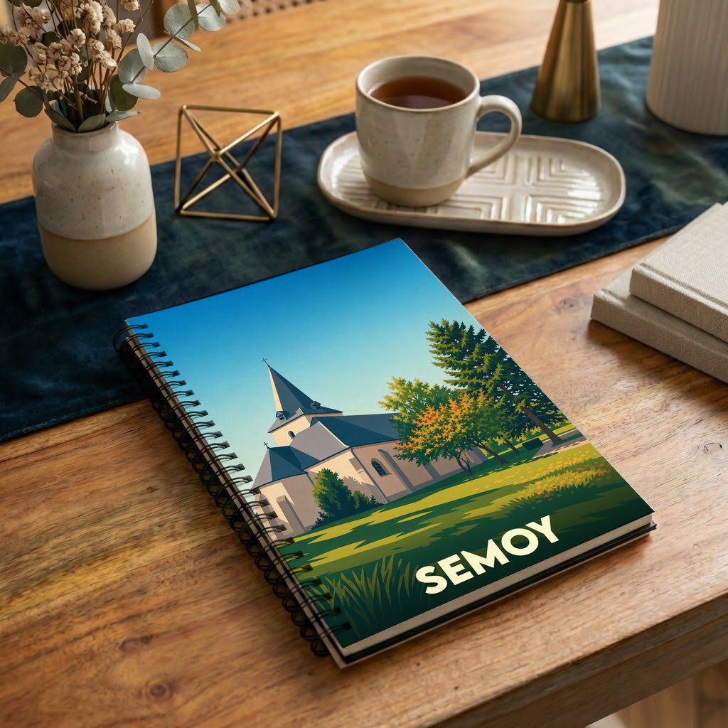 Carnet souvenir de la ville de Semoy avec une illustration stylisée d'une église sous un ciel bleu.
