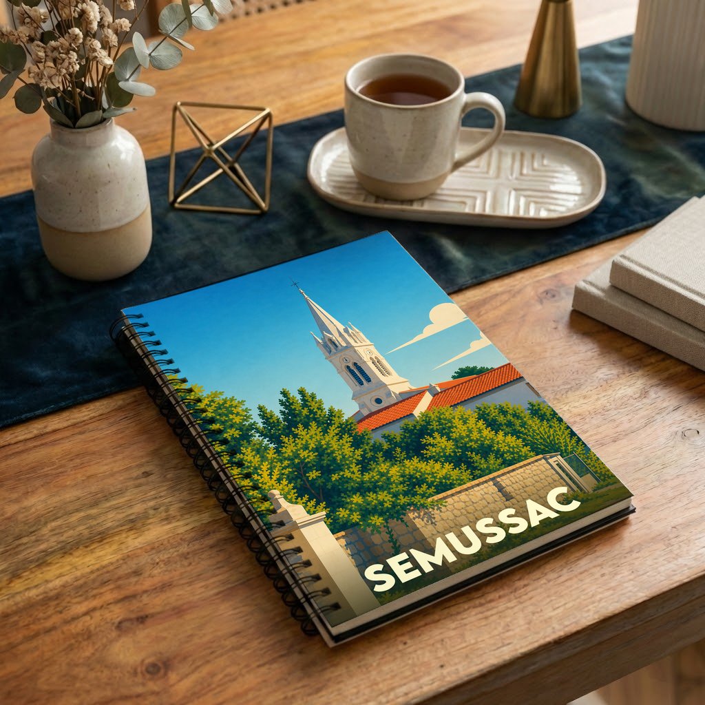 Carnet à spirales souvenir de la ville de Semussac avec une illustration stylisée de son église.
