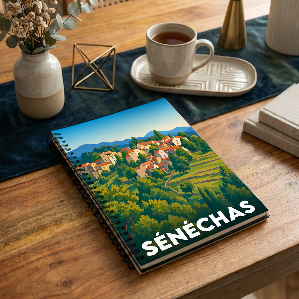 Carnet souvenir de la ville de Sénéchas avec une illustration stylisée.