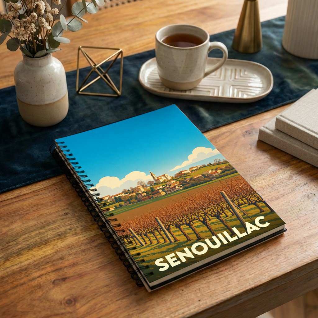 Carnet à spirales souvenir de la ville de Senouillac avec une illustration stylisée de son paysage de vignobles.