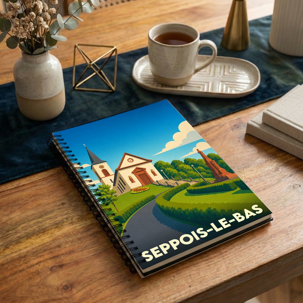 Carnet de notes souvenir de la ville de Seppois-le-Bas avec une illustration stylisée de son église et de son parc.