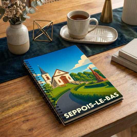 Carnet de notes souvenir de la ville de Seppois-le-Bas avec une illustration stylisée de son église et de son parc.