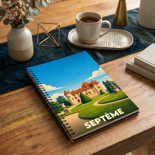 Carnet à spirales souvenir de la ville de Septème avec une illustration stylisée de son château et de ses jardins.