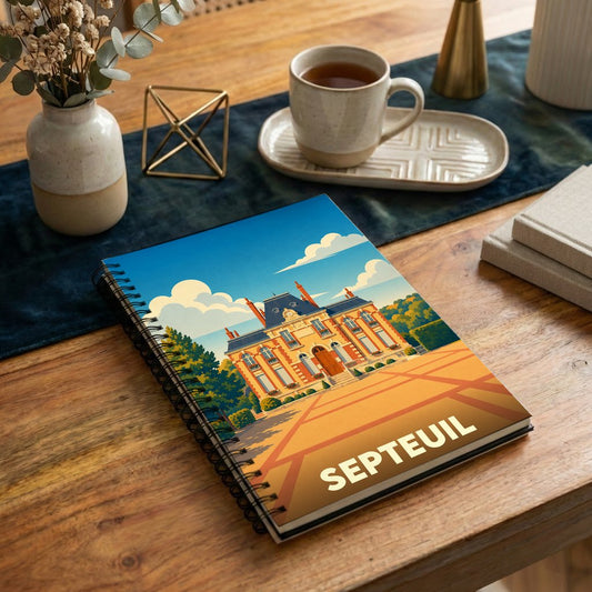 Carnet à spirales souvenir de la ville de Septeuil avec une illustration stylisée d'un château.
