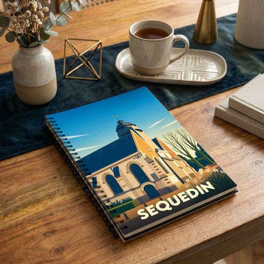 Carnet souvenir de la ville de Sequedin avec une illustration stylisée d'une église locale.
