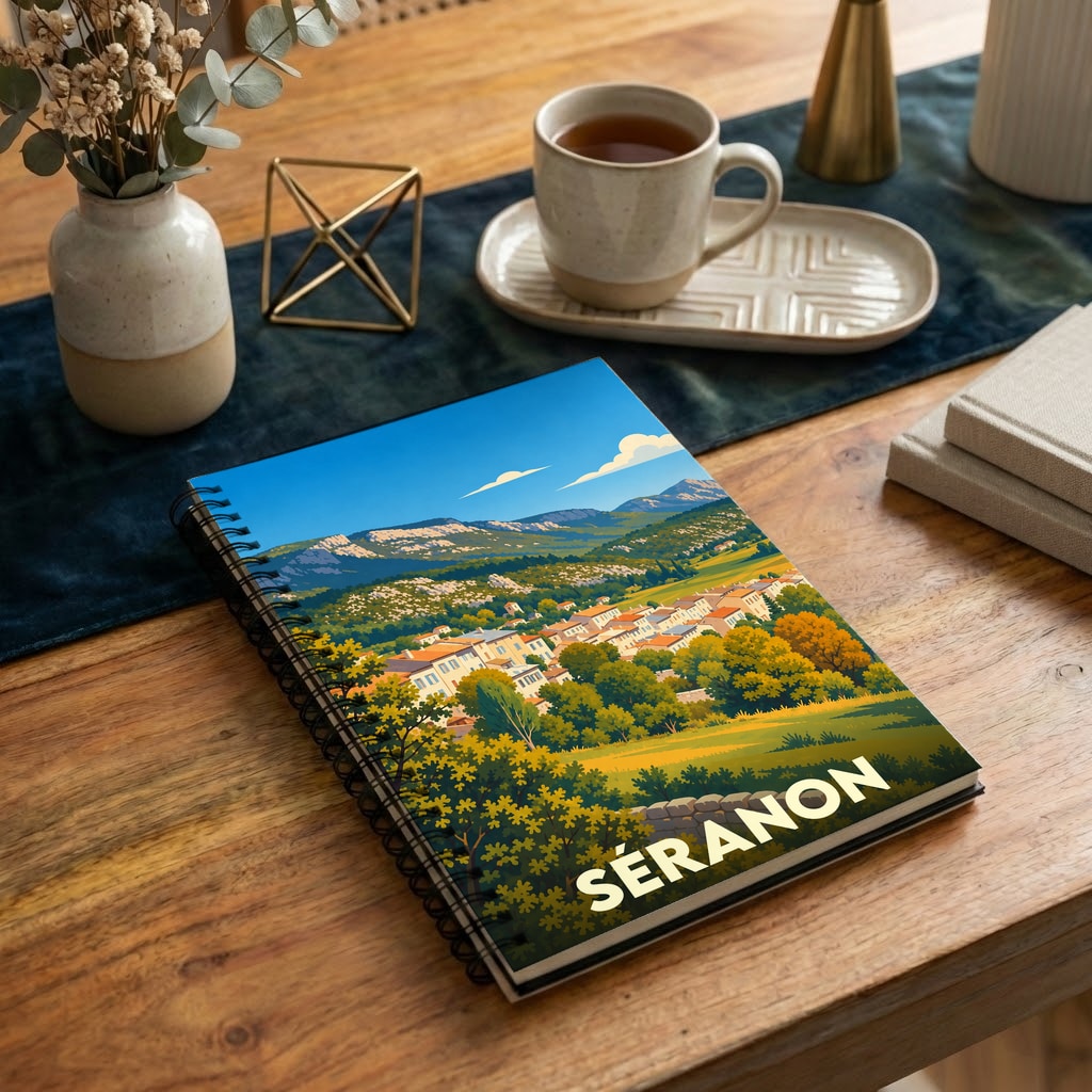 Carnet à spirales souvenir de la ville de Séranon avec une illustration stylisée de son paysage provençal.