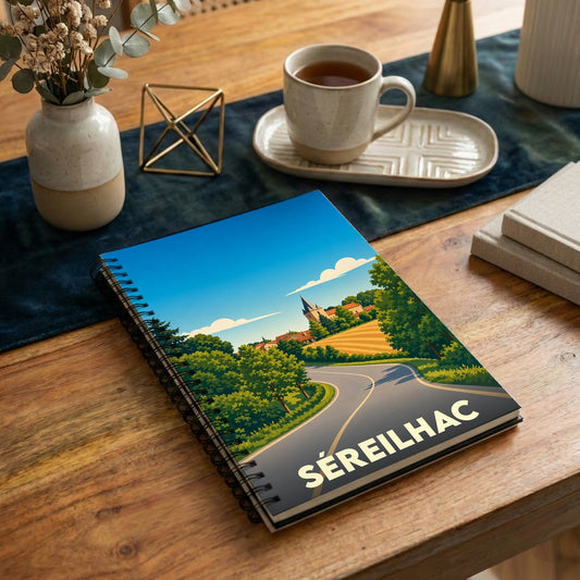 Carnet à spirales souvenir de la ville de Séreilhac avec une illustration stylisée d'un paysage de campagne.