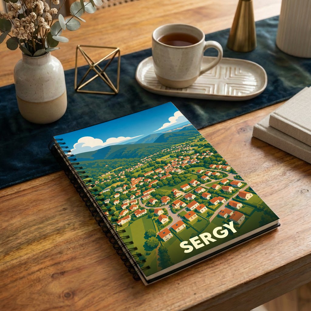 Carnet de notes souvenir de la ville de Sergy illustré d'une vue aérienne stylisée de la commune.