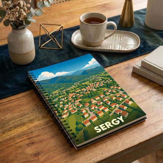 Carnet de notes souvenir de la ville de Sergy illustré d'une vue aérienne stylisée de la commune.